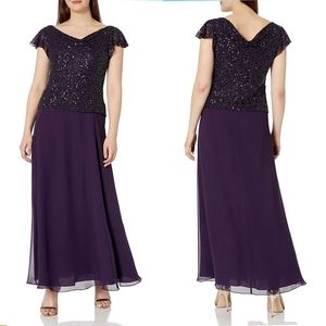 NWT J Kara purple plum sequin beaded flutter long cowl neck dress gown 14W